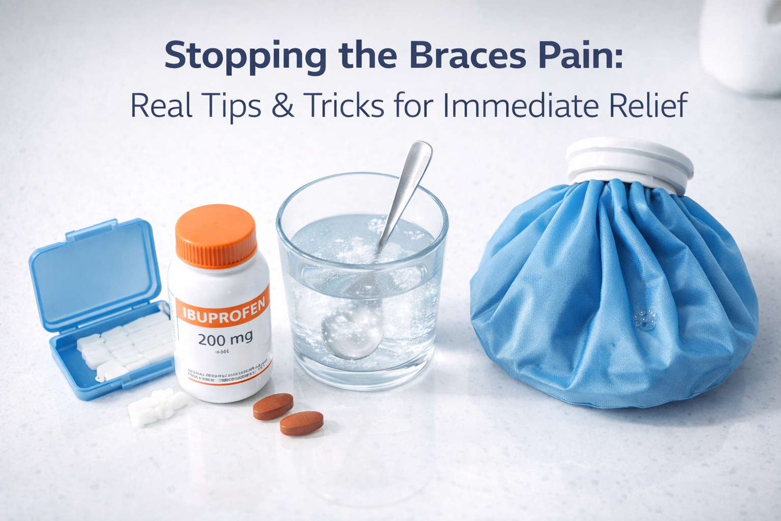 Braces relief essentials on countertop