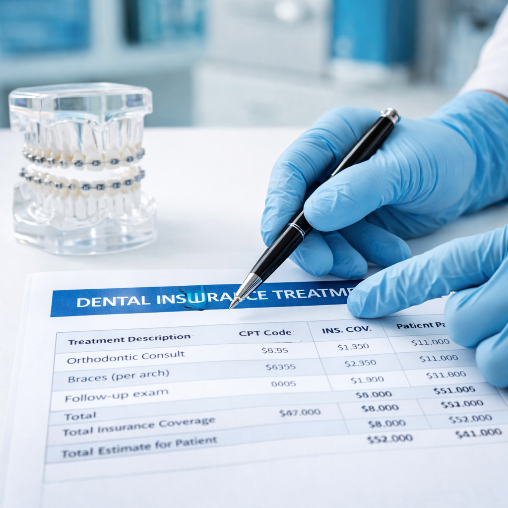 friendly orthodontist's hands (wearing light blue gloves) holding a pen and pointing to a dental insurance treatment plan document