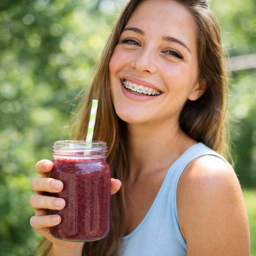 Happy young woman with clear ceramic braces, smiling genuinely while holding a fresh berry smoothie in a glass