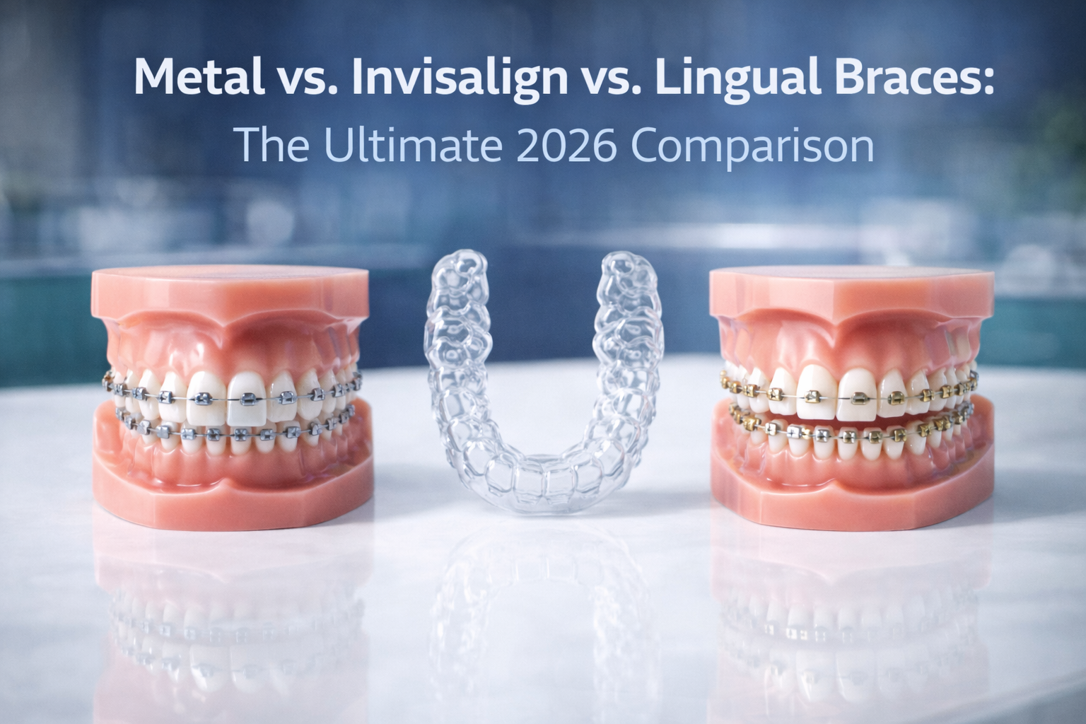 Comparison of Metal Braces, Invisalign Clear Aligners, and Lingual Braces on dental models